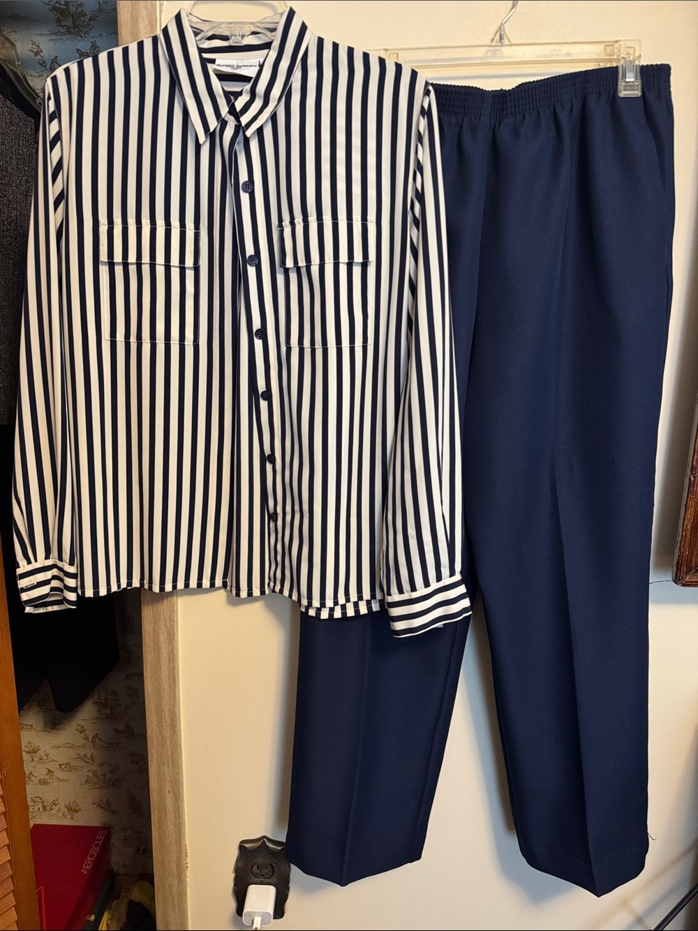 Alfred Dunner Classic Navy Pants with Black & White Striped Shirt Set